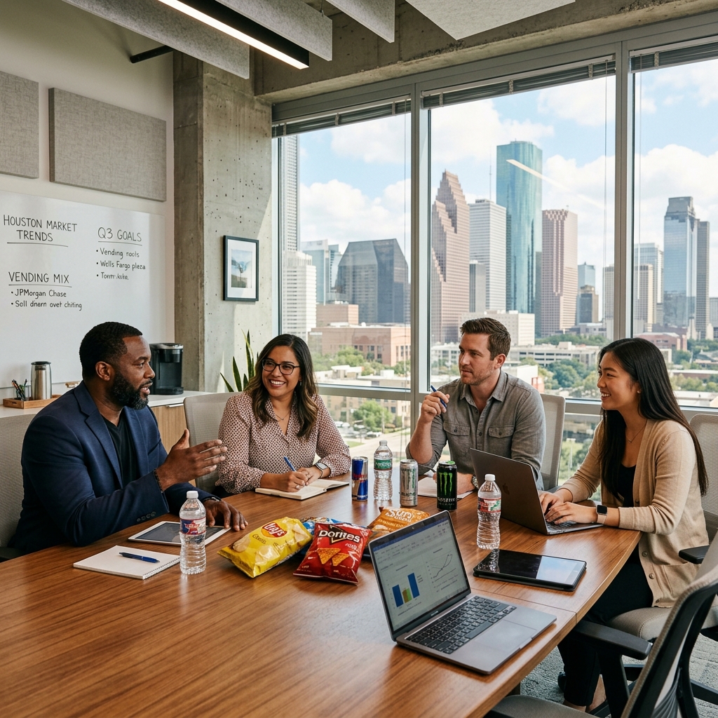 Diverse Houston office team in a conference room discussing managed vending services