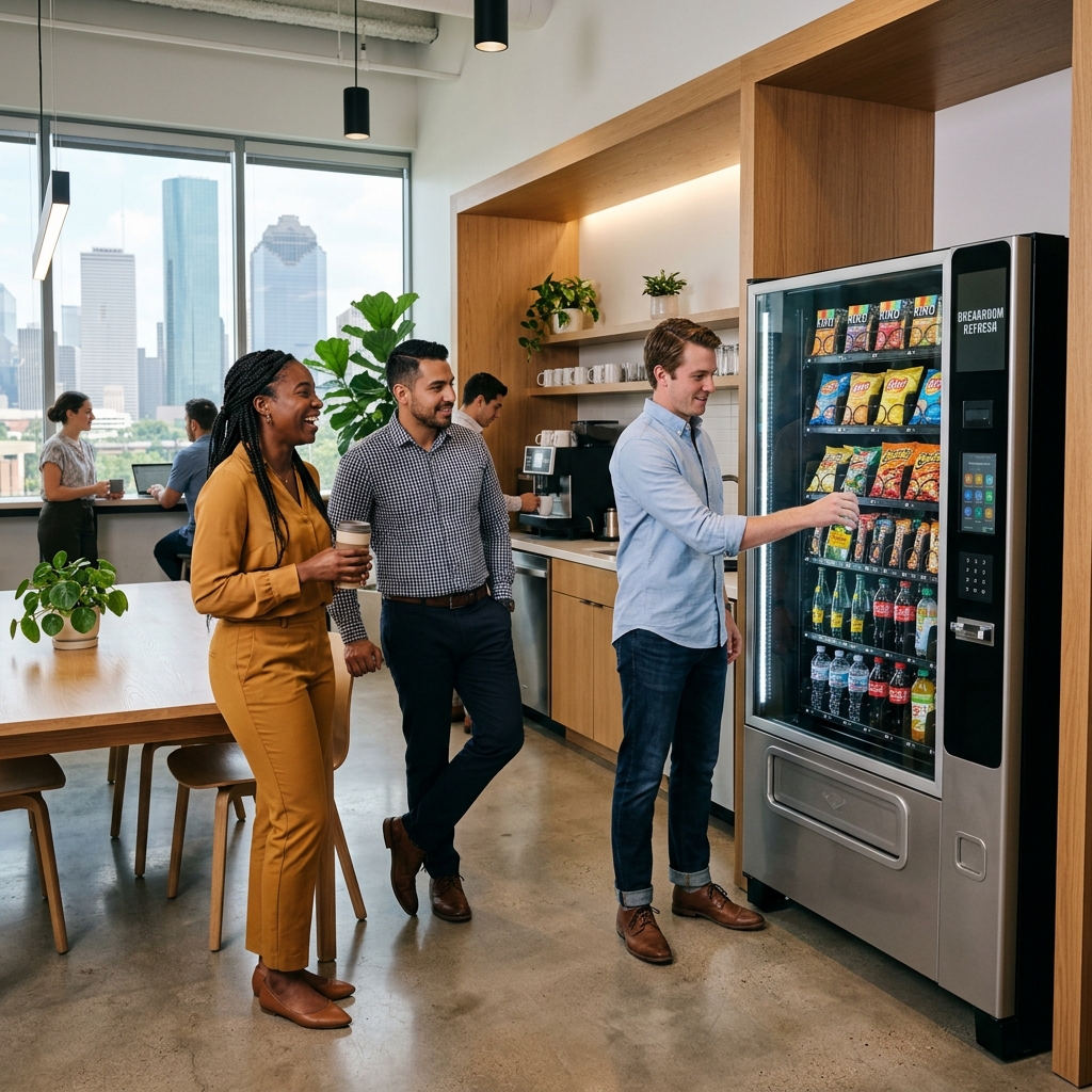 Modern vending machines in a Houston office break room with diverse professionals
