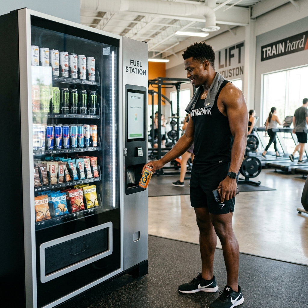 Modern Houston gym with a vending machine stocked with energy drinks