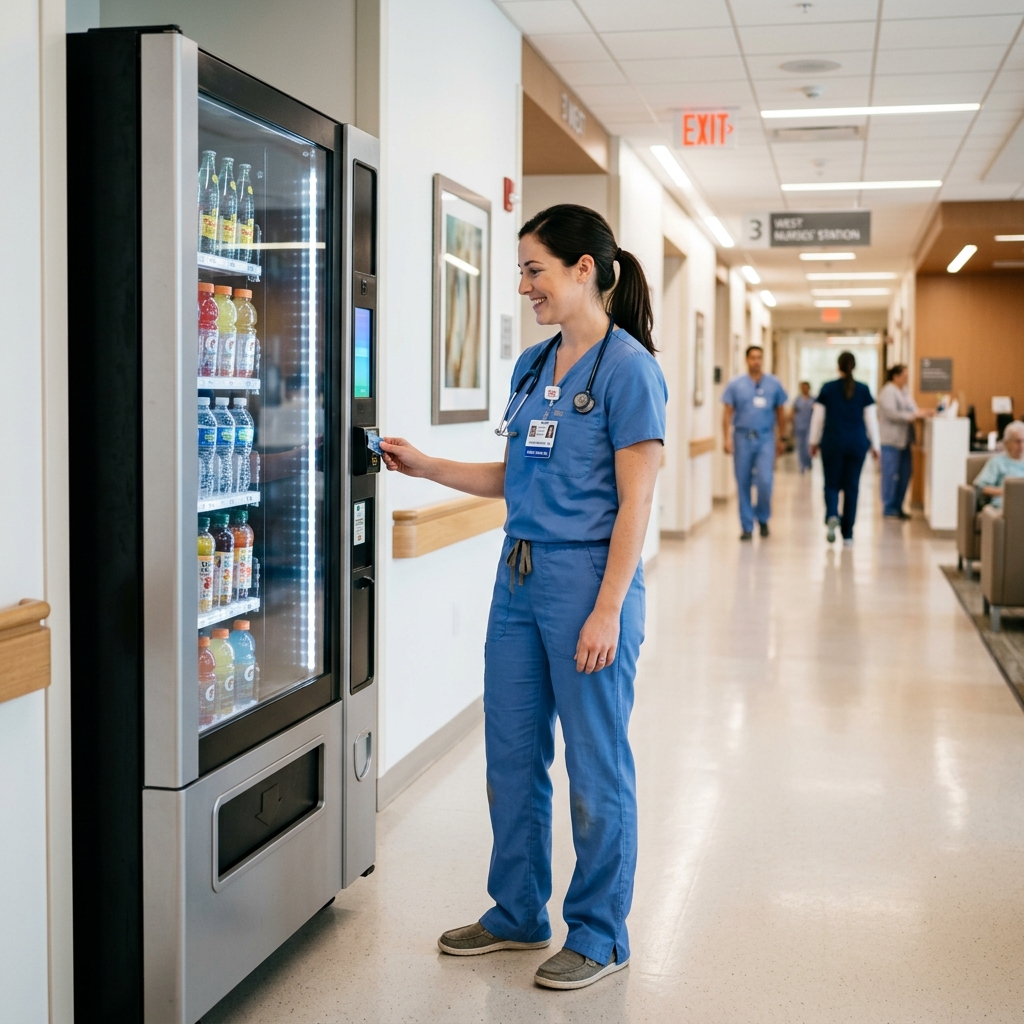 Hospital waiting area in Houston with a convenient vending machine