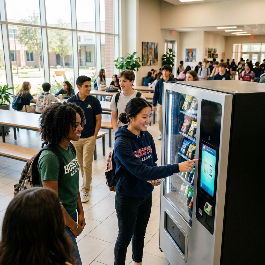Houston school common area with a student-friendly vending machine