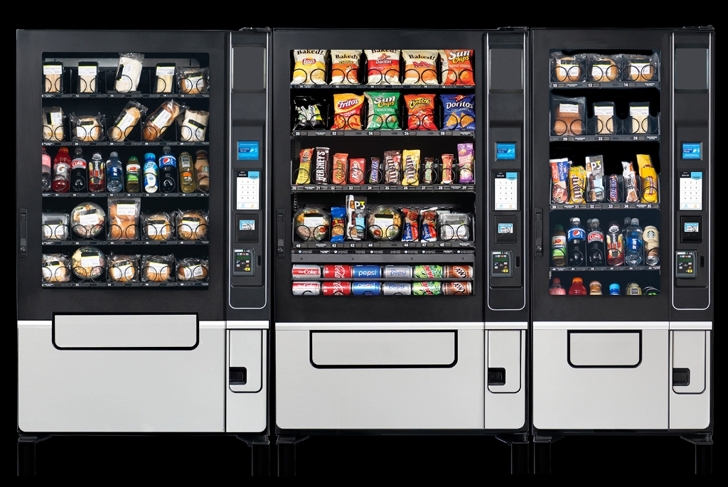 Modern Evoke 6 vending machines stocked with Kind bars, trail mix, and healthier options