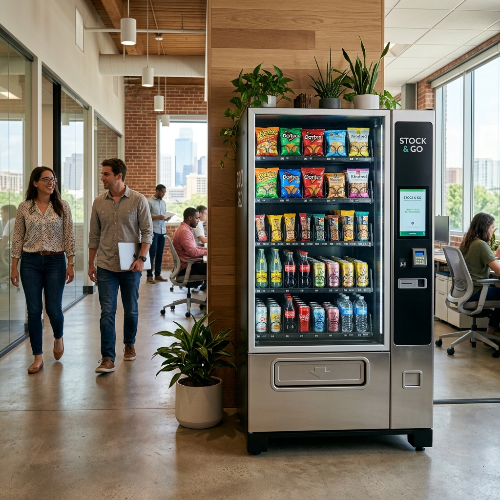 Fully stocked vending machine placed and managed in a modern Houston office environment