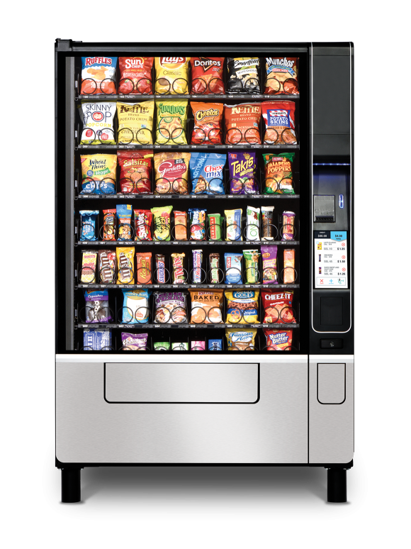 Fully stocked vending machine with Frito-Lay chips, Doritos, Oreos, Snickers and more