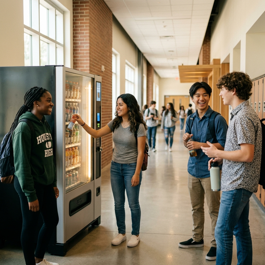 Diverse Houston students using a modern vending machine in a bright school hallway