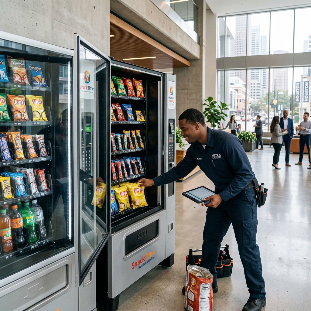 Vending machine technician servicing an open machine in a Houston office building