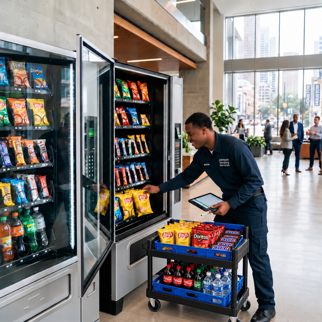 Vending machine technician servicing an open machine in a Houston office building
